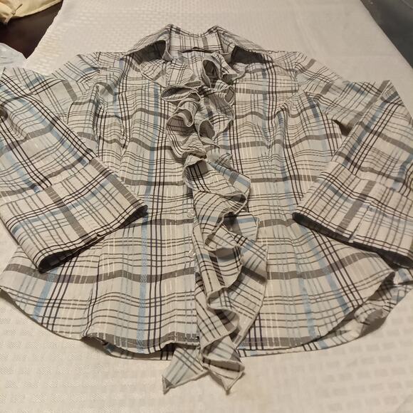 Signature by Larry Levine Women's Small Ruffle Blouse Long Sleeve Striped Blue - Picture 1 of 8